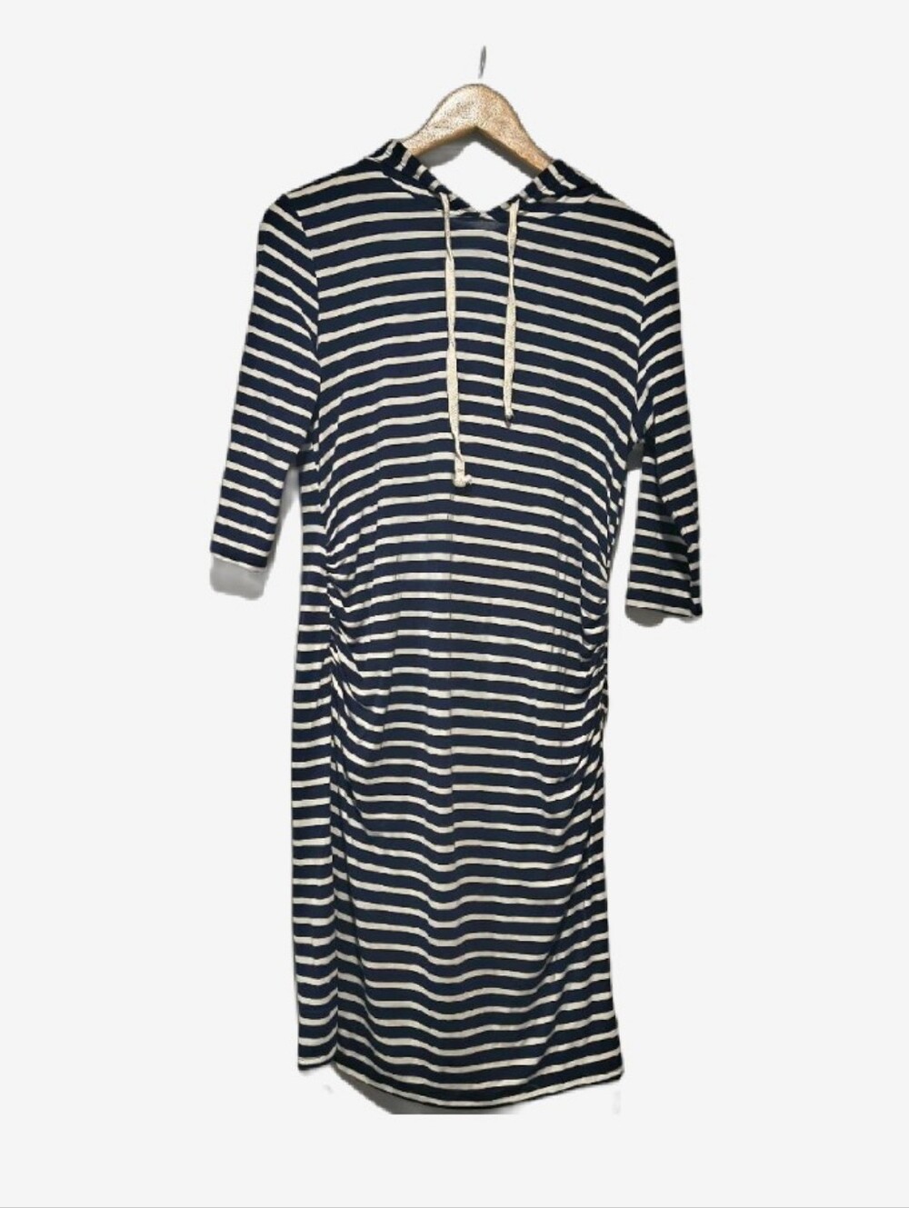 Heart Hips Striped Ruched Hoodie Dress Blue White Short Sleeve Cozy Casual SizeL